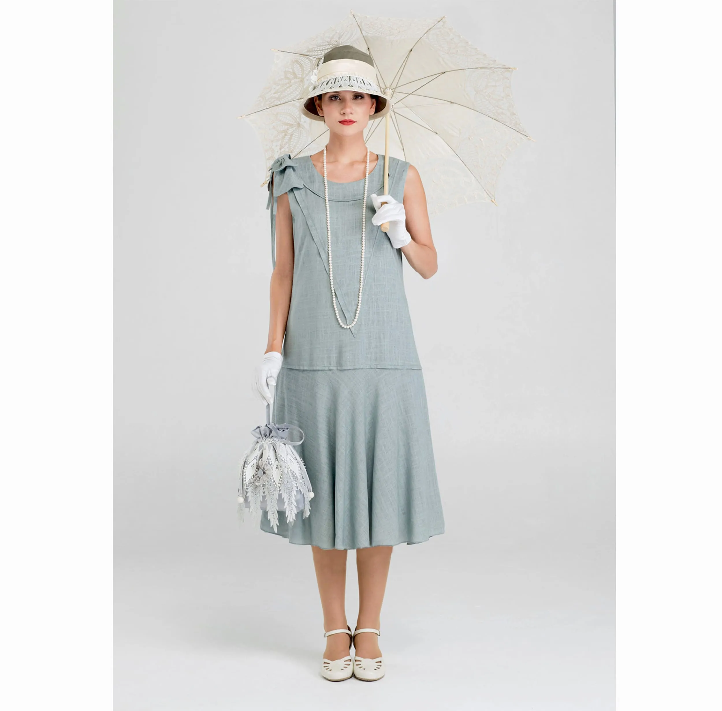 1920s grey linen Great Gatsby party dress with shoulder bow