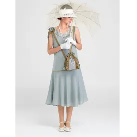 1920s linen day dress in grey & olive green with shoulder bow