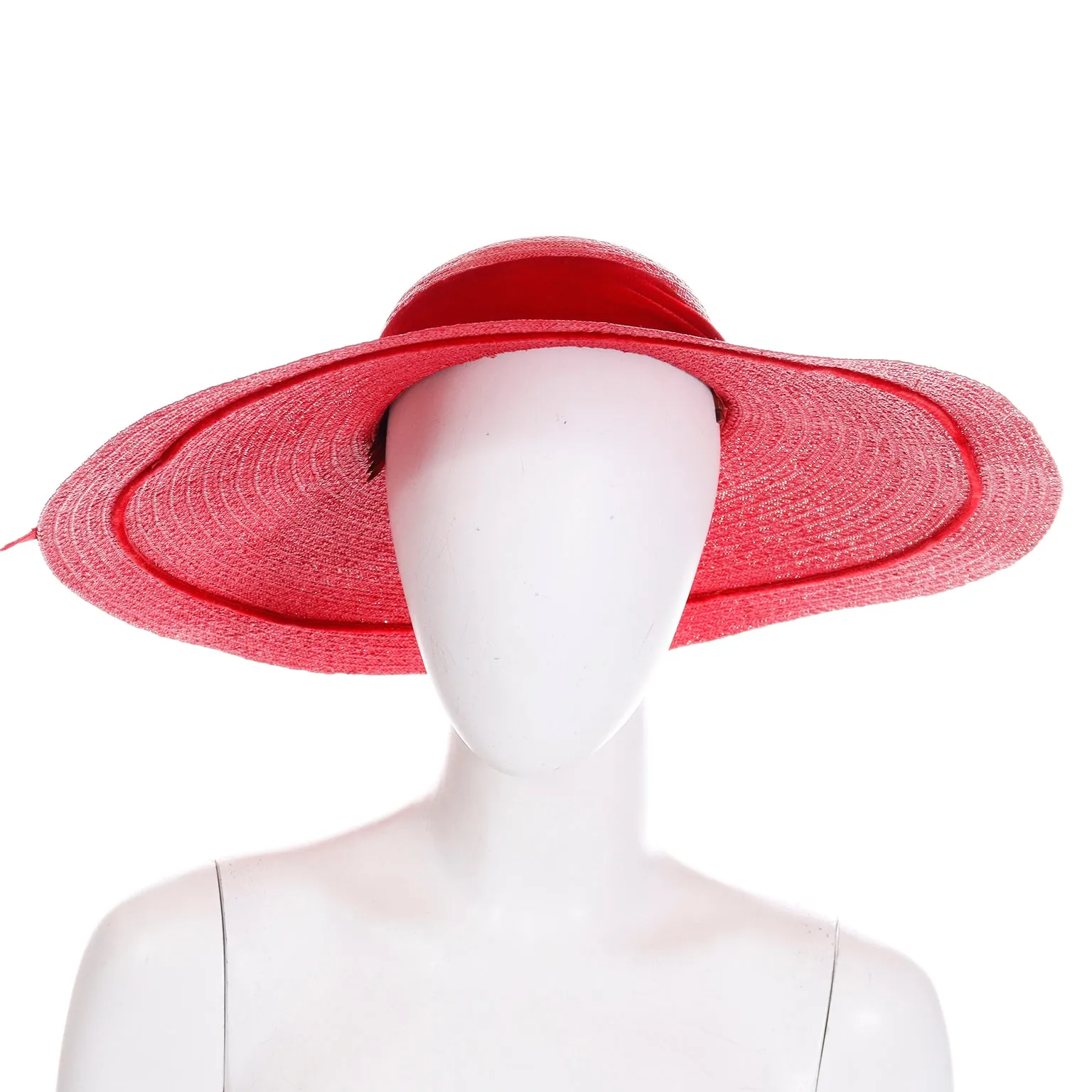 1940s Vintage Mr Leon Cherry Red Wide Brim Straw Hat