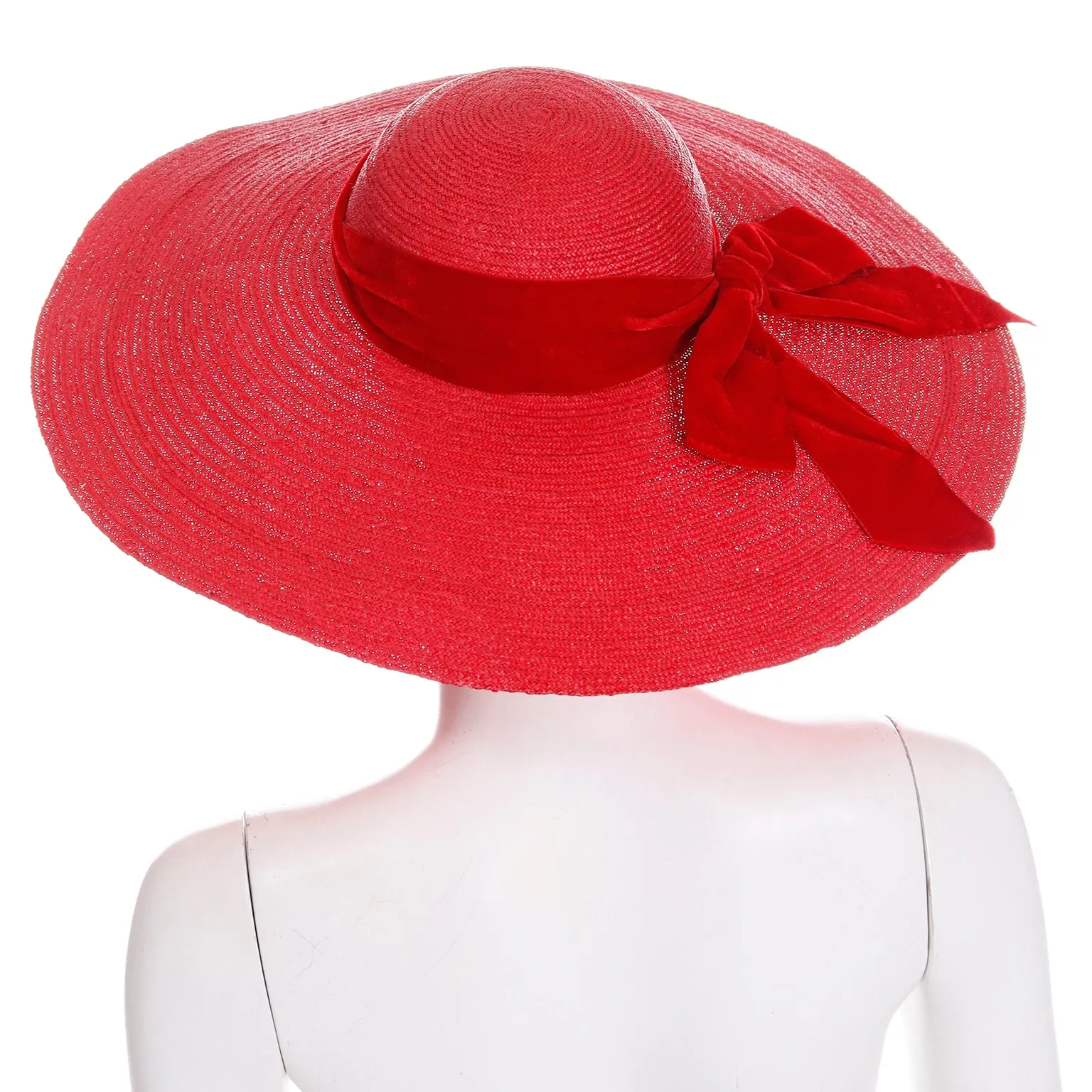 1940s Vintage Mr Leon Cherry Red Wide Brim Straw Hat