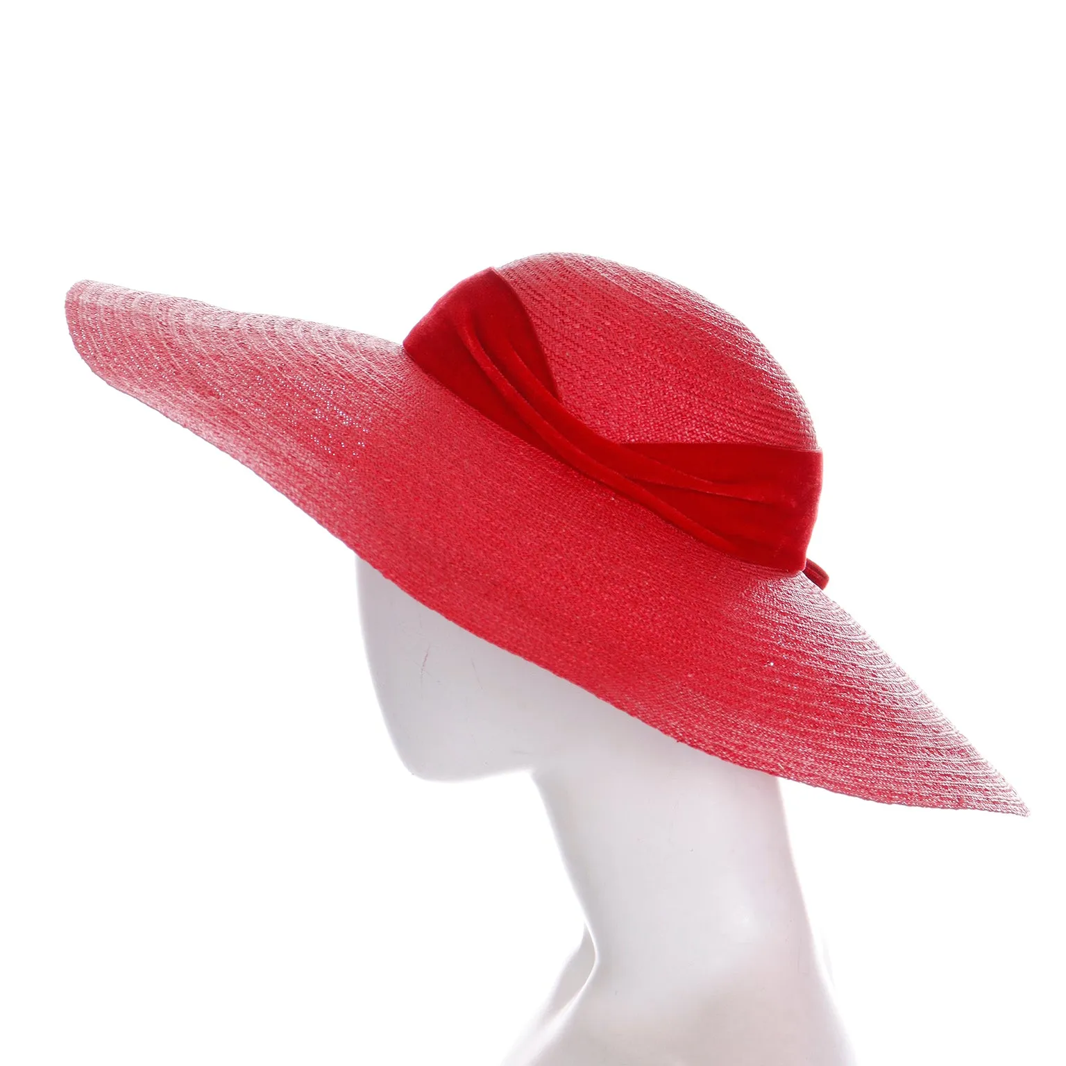 1940s Vintage Mr Leon Cherry Red Wide Brim Straw Hat