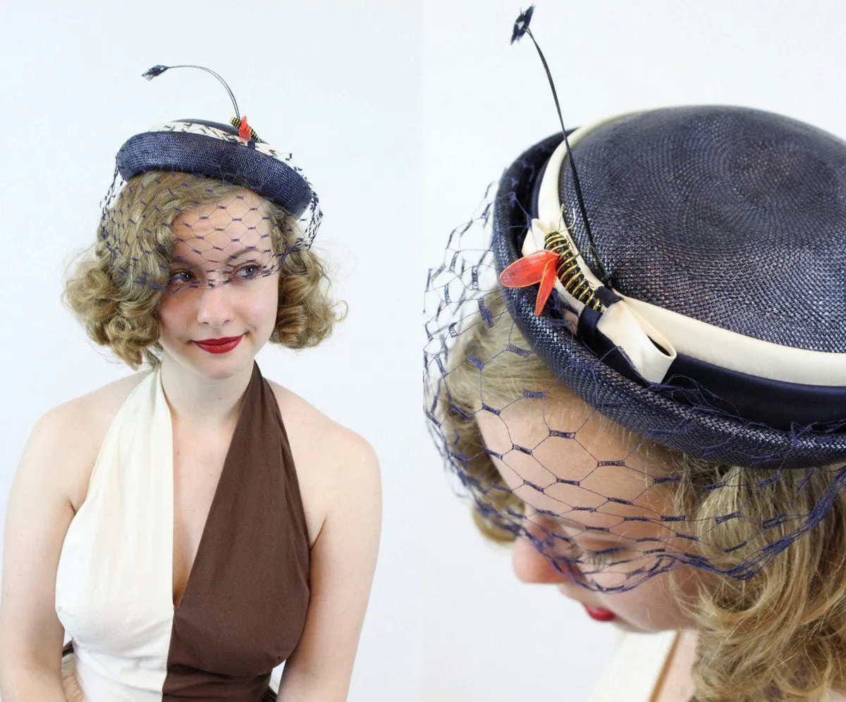 1960s straw tilt hat feather and bee fascinator | new spring