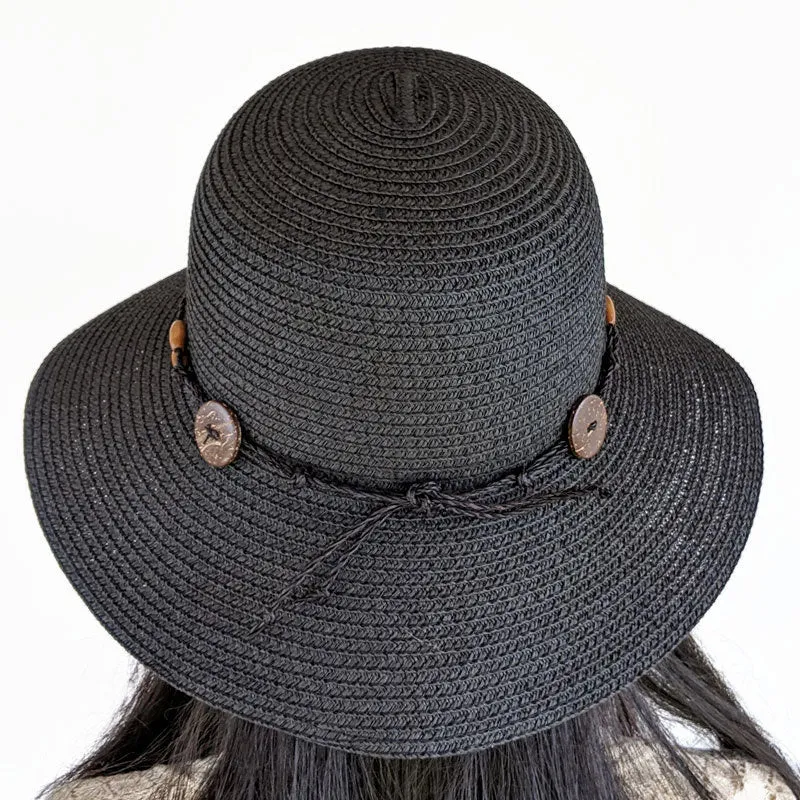 208 Wide Brim Straw Sun Hat with button trim