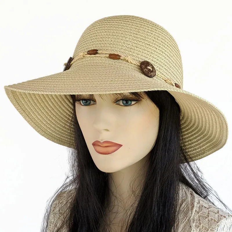 208 Wide Brim Straw Sun Hat with button trim