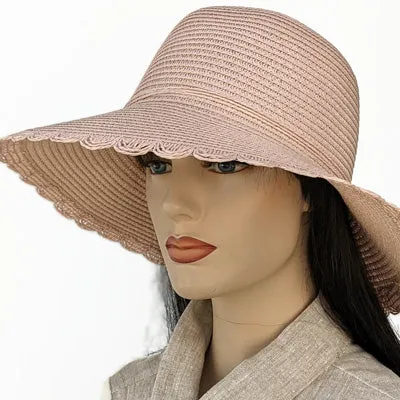 214 Pretty straw travel hat with scalloped edge, wide brim, three colours