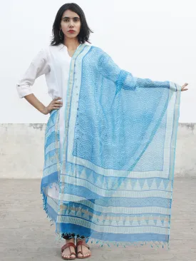 Azure Blue White Ivory Kota Silk Hand Black Printed Dupatta - D04170199