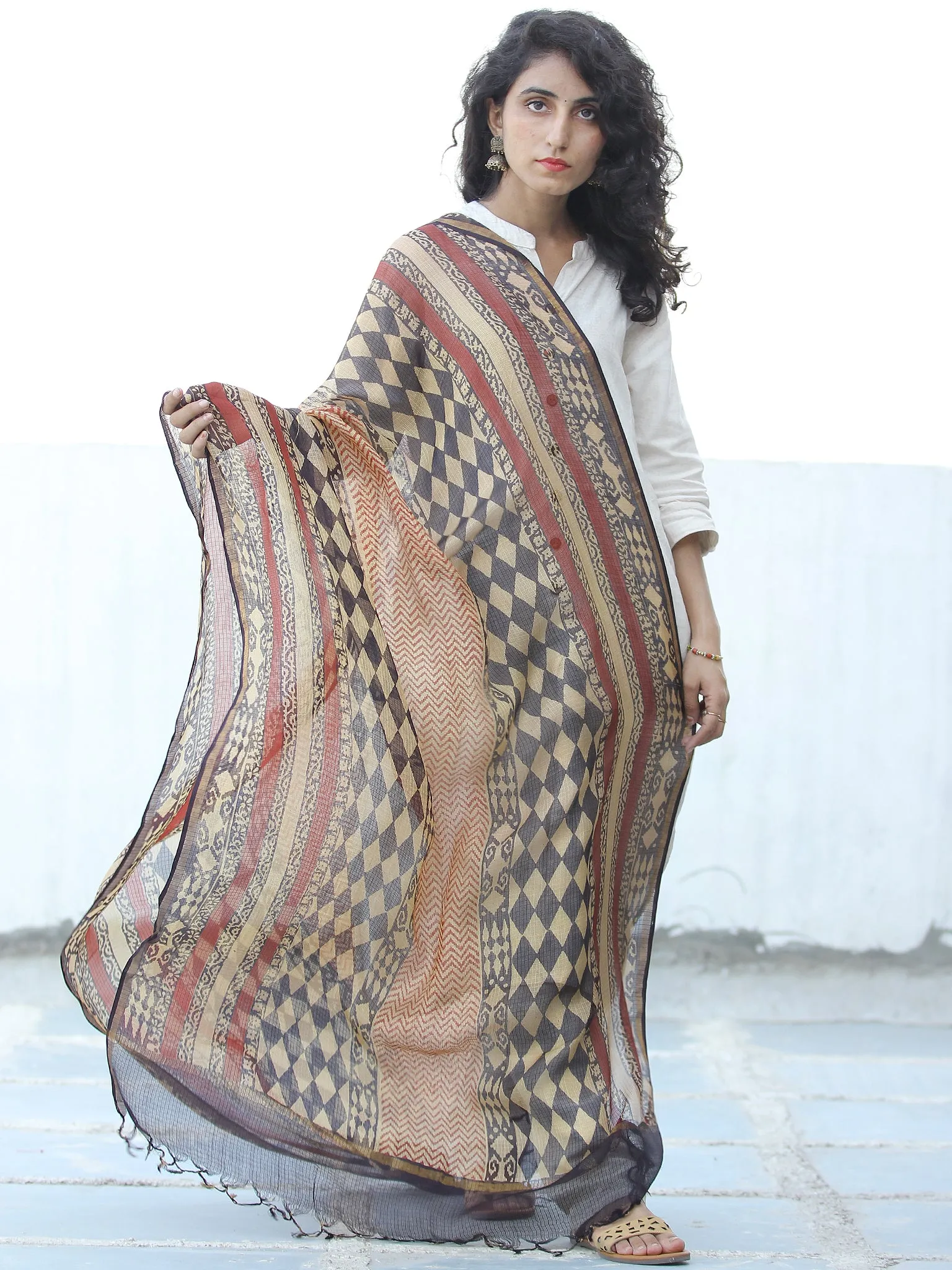 Beige Red Black Kota Silk Hand Block Printed Dupatta - D04170655