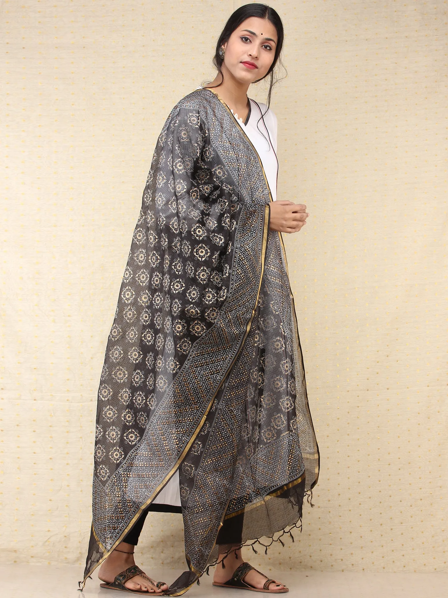 Black Indigo Kota Silk Hand Block Printed Dupatta - D04170774