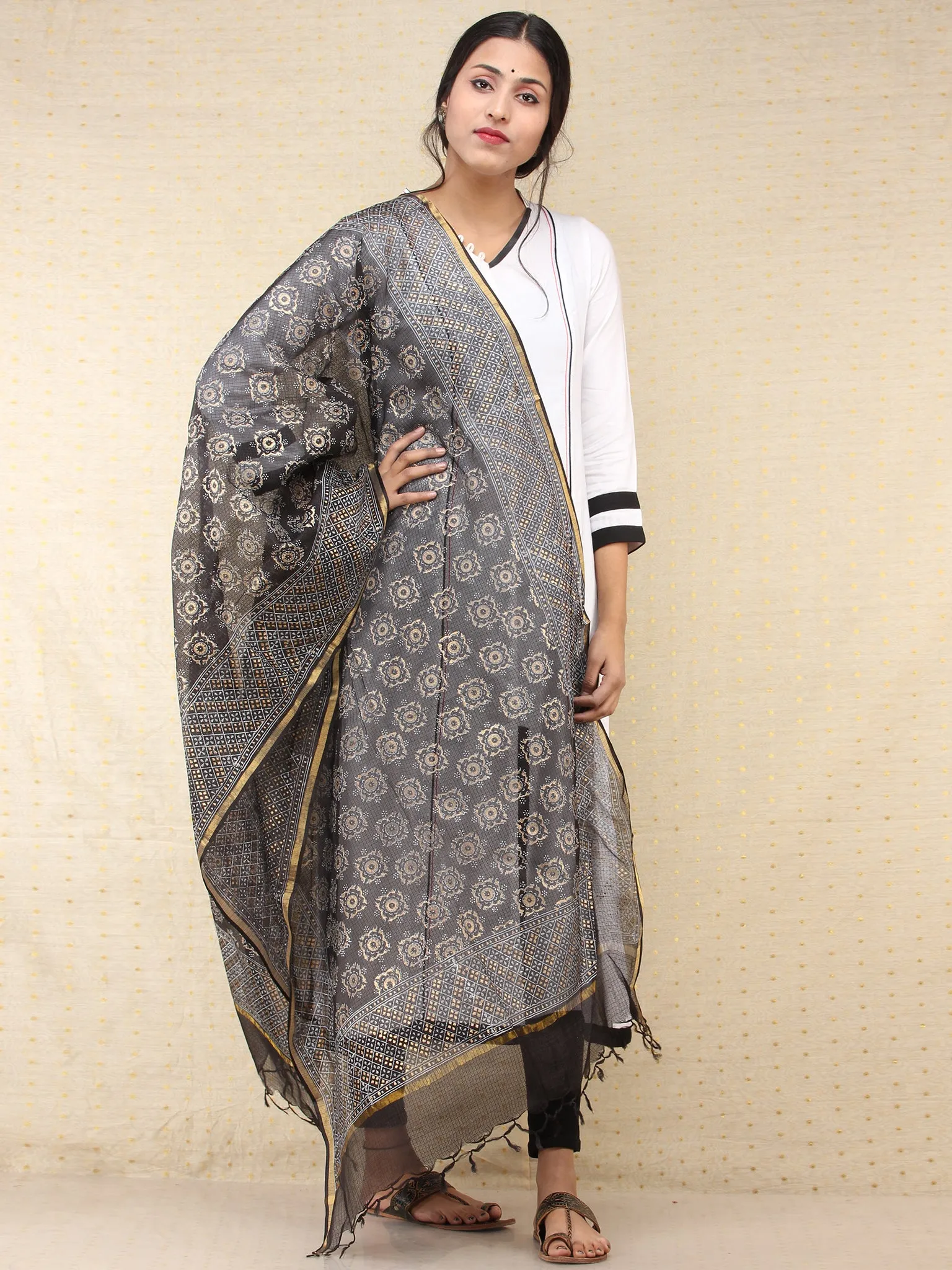 Black Indigo Kota Silk Hand Block Printed Dupatta - D04170774