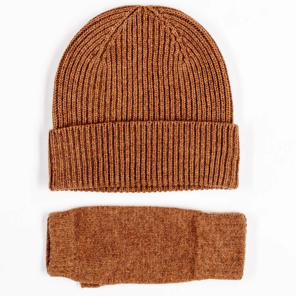 Brown Cashmere Beanie and Mittens Set