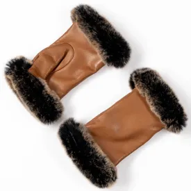 Camel Italian Leather Mittens with Rabbit Fur Cuffs Cashmere Lined