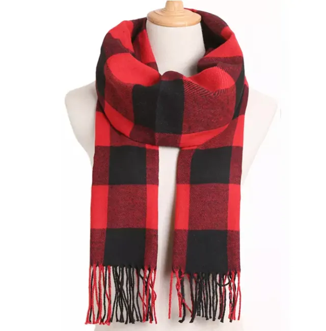 Checkered Oblong Scarf with Fringe