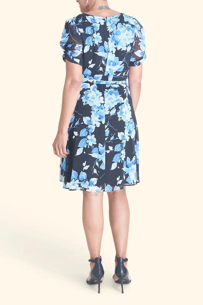 Connected Apparel V-Neck Short Sleeve Tie Waist Floral Print Chiffon Dress