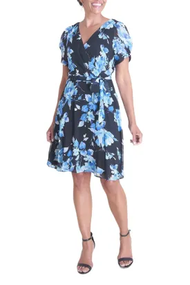 Connected Apparel V-Neck Short Sleeve Tie Waist Floral Print Chiffon Dress