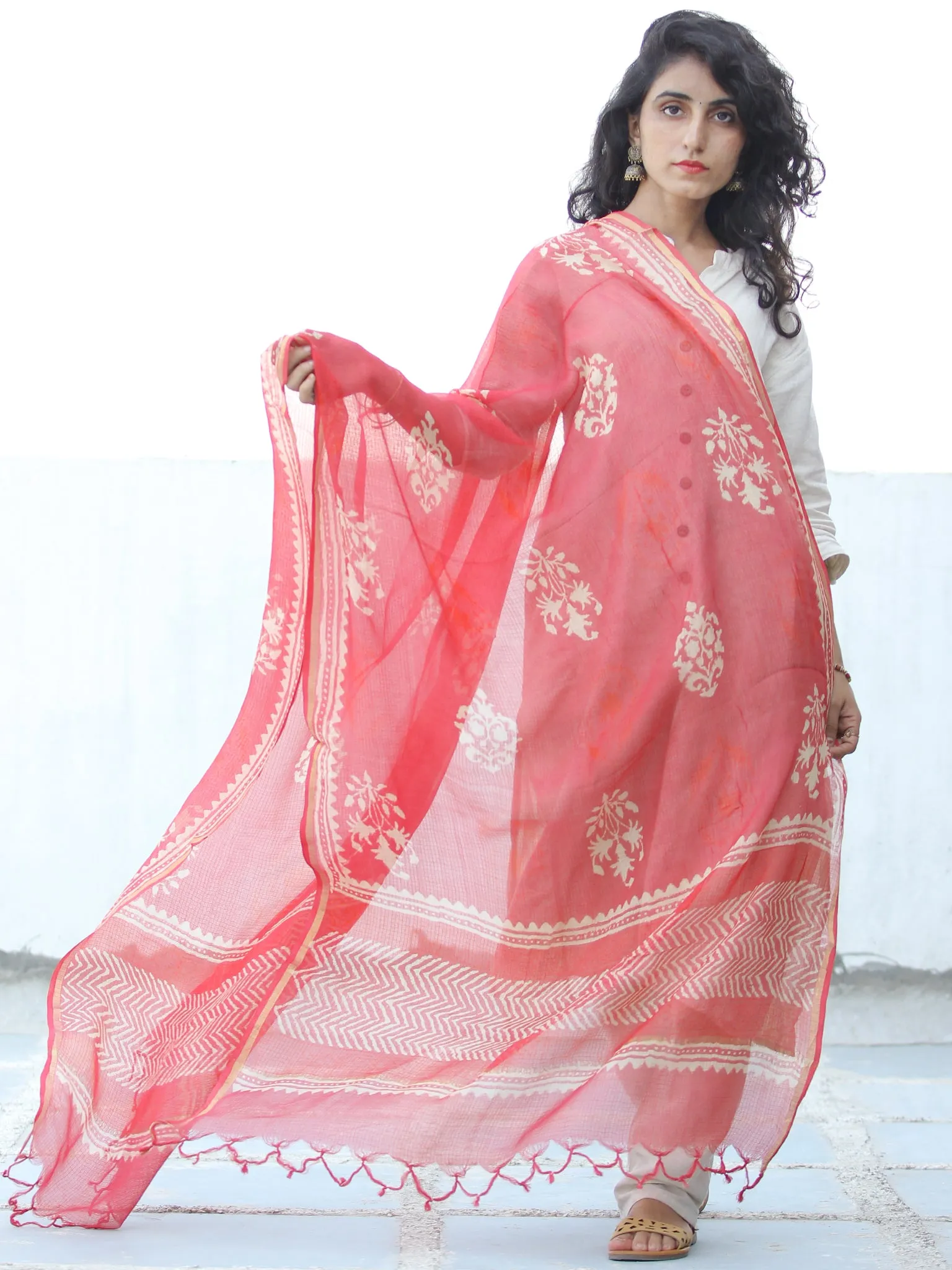 Coral Ivory Kota Silk Hand Block Printed Dupatta - D04170643