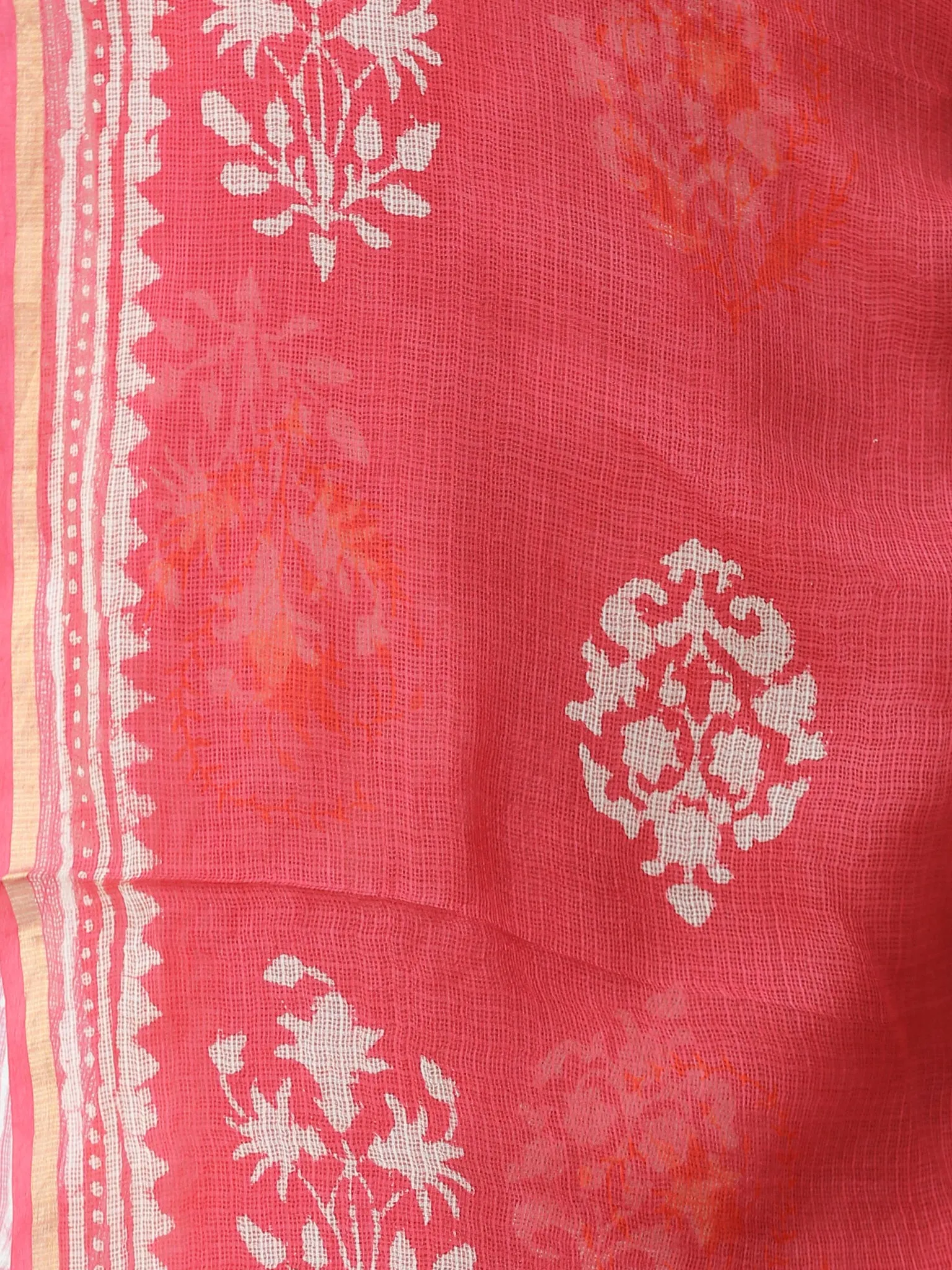 Coral Ivory Kota Silk Hand Block Printed Dupatta - D04170643