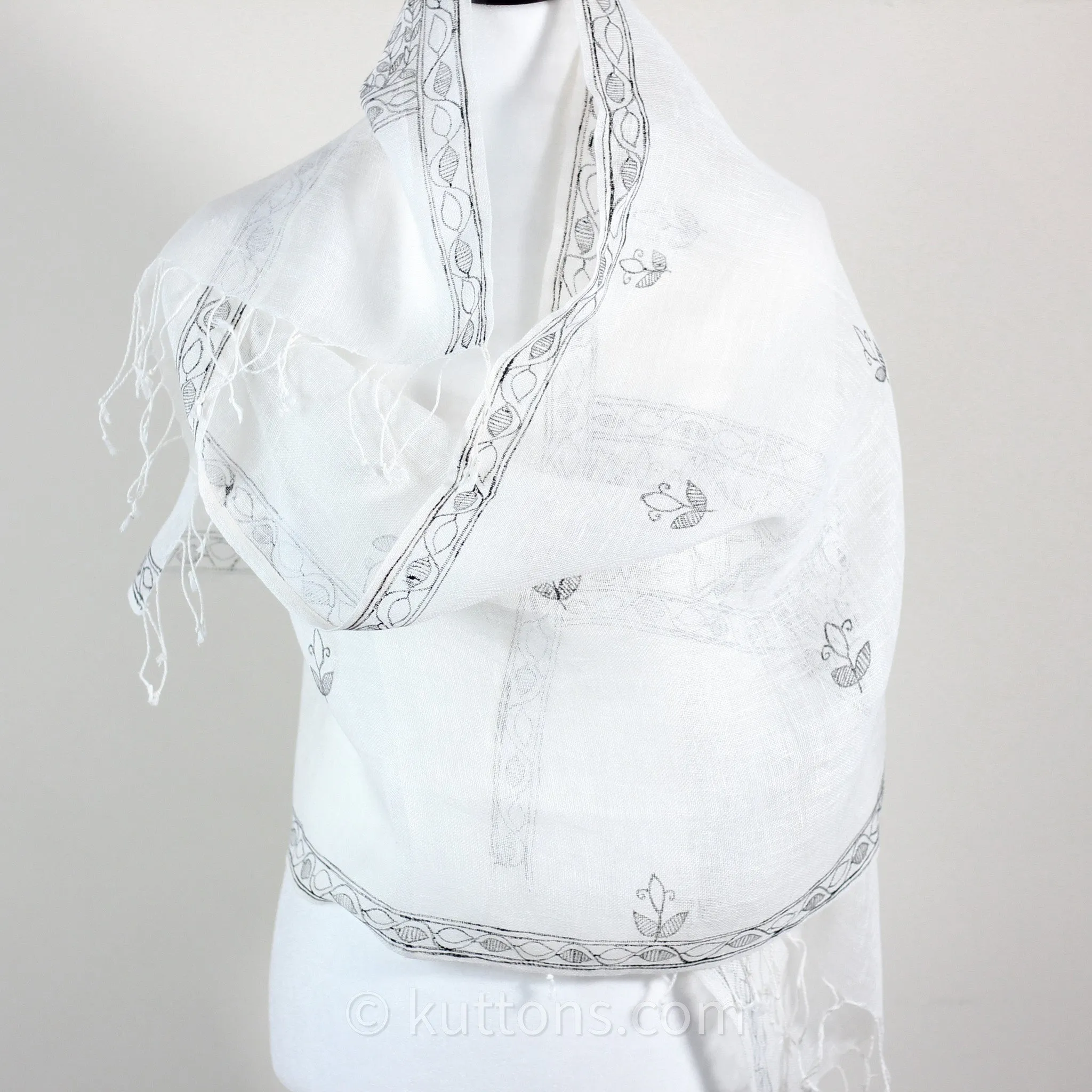 Ethnic Hand-Painted Madhubani Scarf - Linen Wrap | White-Black, Peacock Motifs, 20x80"