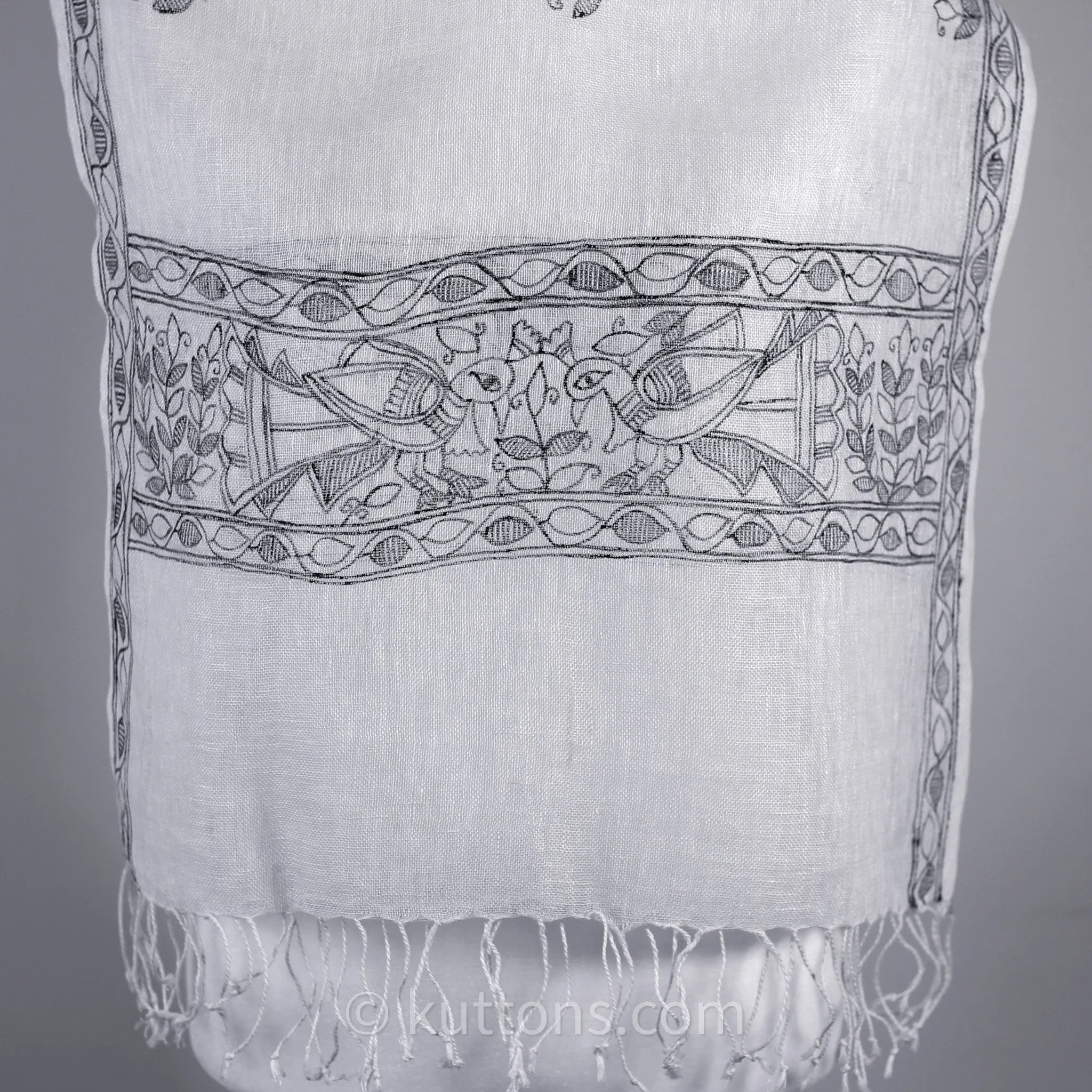 Ethnic Hand-Painted Madhubani Scarf - Linen Wrap | White-Black, Peacock Motifs, 20x80"