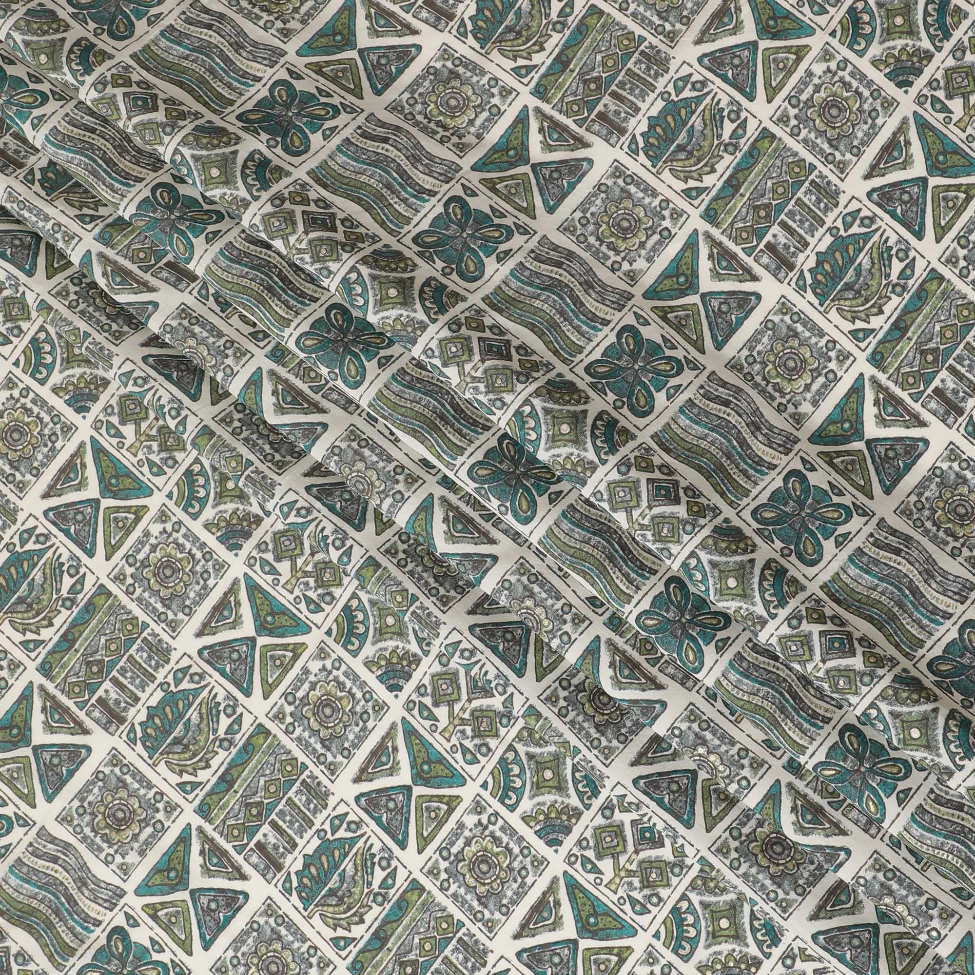 Ethnic Mosaic Viscose Fabric - 110cm Width, Intricate Tribal Design, Buy Online by the Meter-D18022