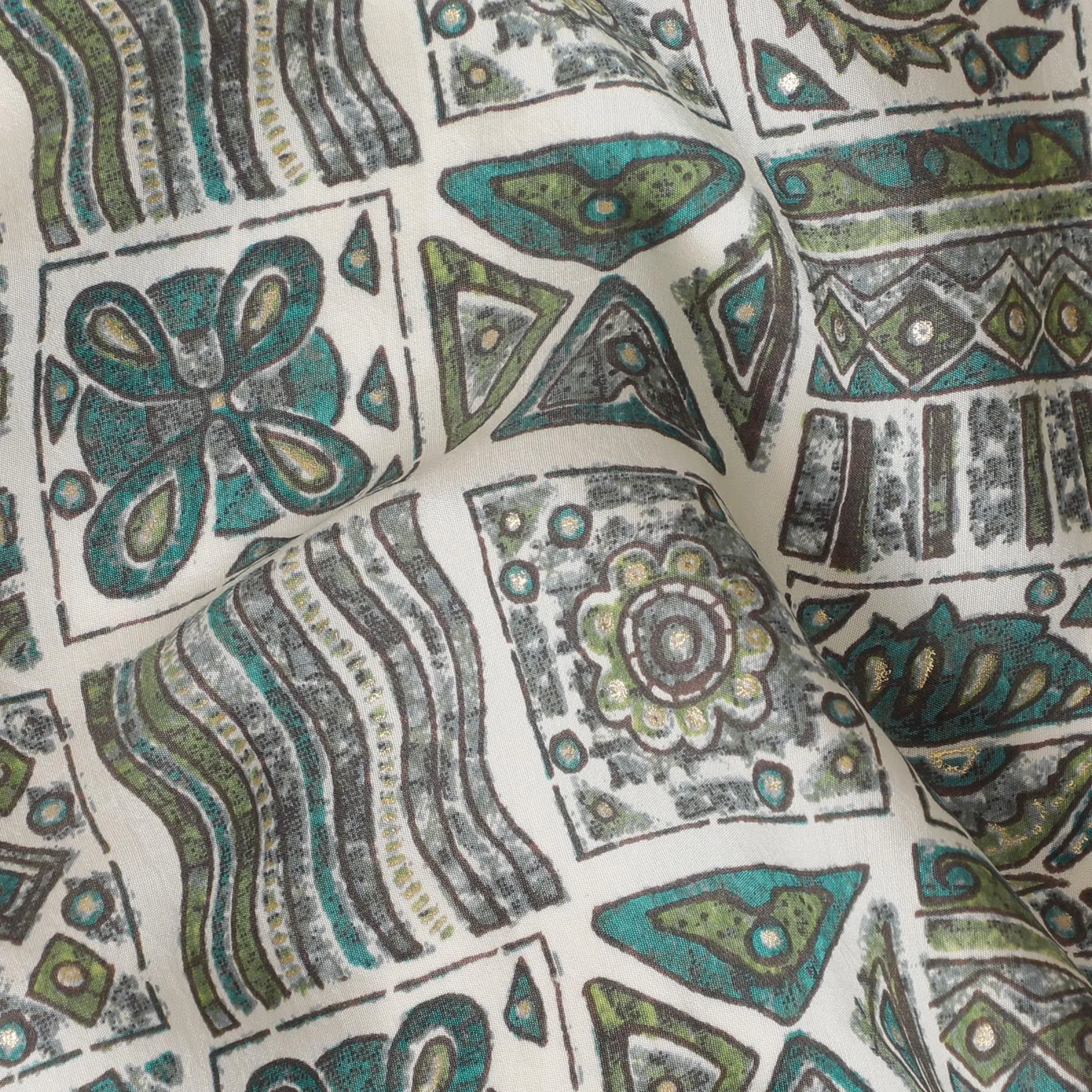 Ethnic Mosaic Viscose Fabric - 110cm Width, Intricate Tribal Design, Buy Online by the Meter-D18022