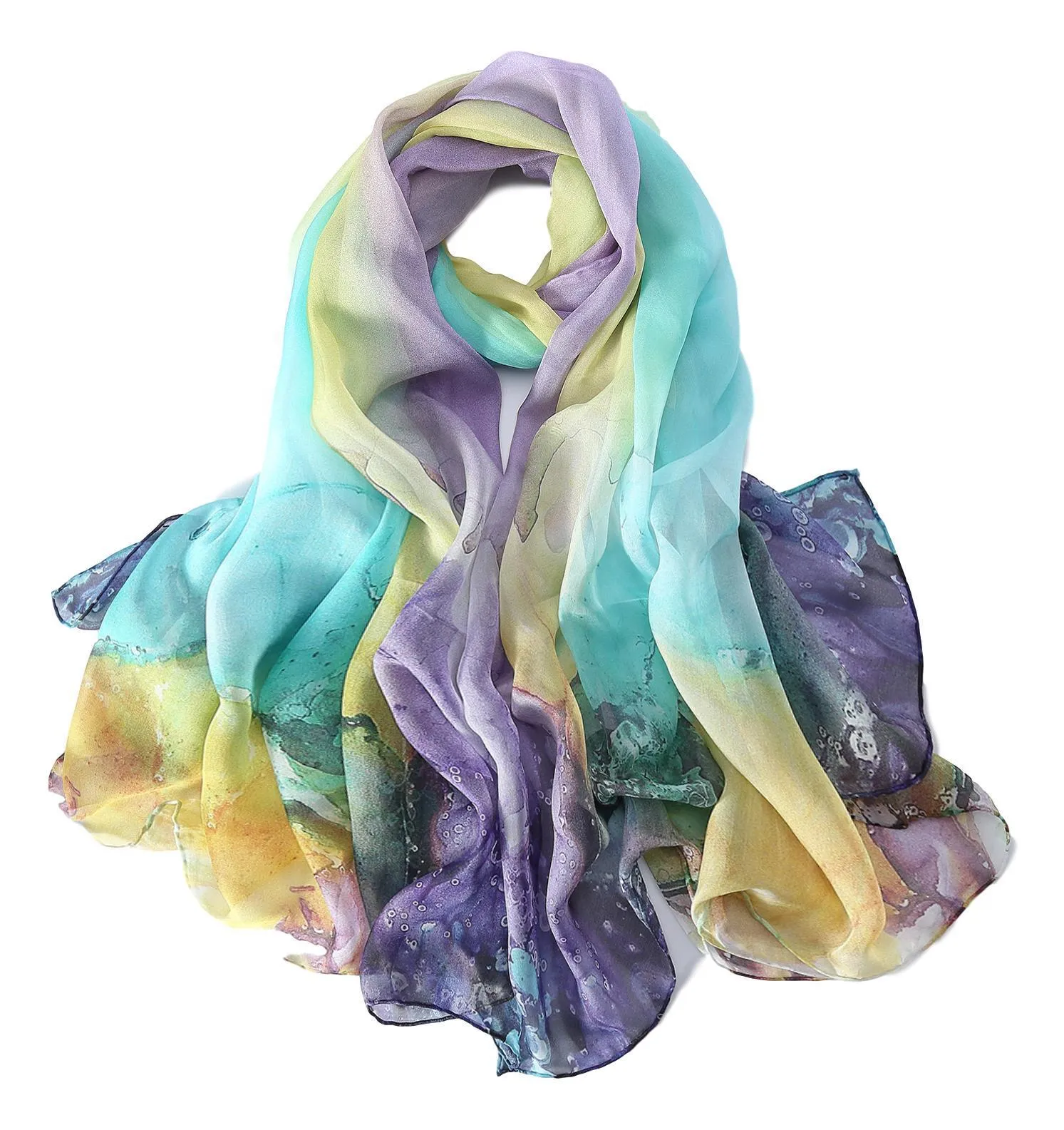 Extra Wide High Quality Silk Chiffon Scarf Purple and Green Coral Print SCH515