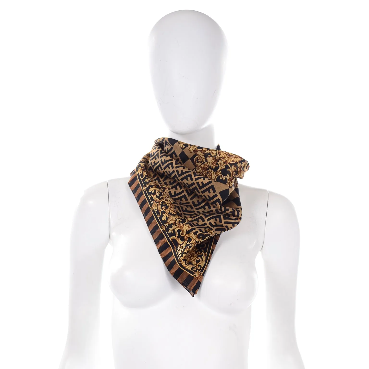 Fendi Zucca Baroque Print Inverted FF Logo Brown Scarf