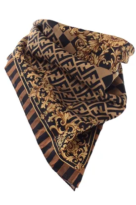 Fendi Zucca Baroque Print Inverted FF Logo Brown Scarf