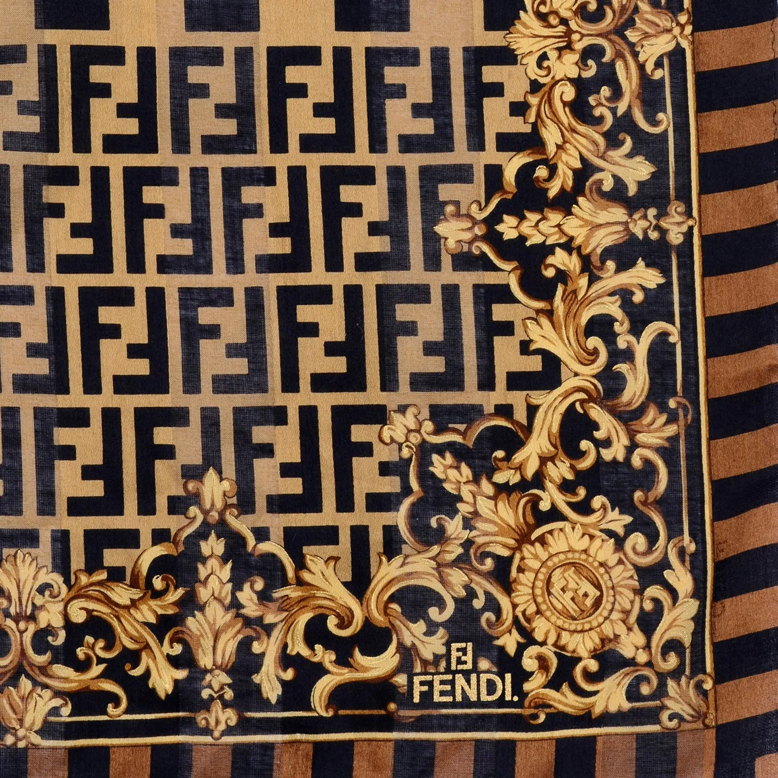 Fendi Zucca Baroque Print Inverted FF Logo Brown Scarf