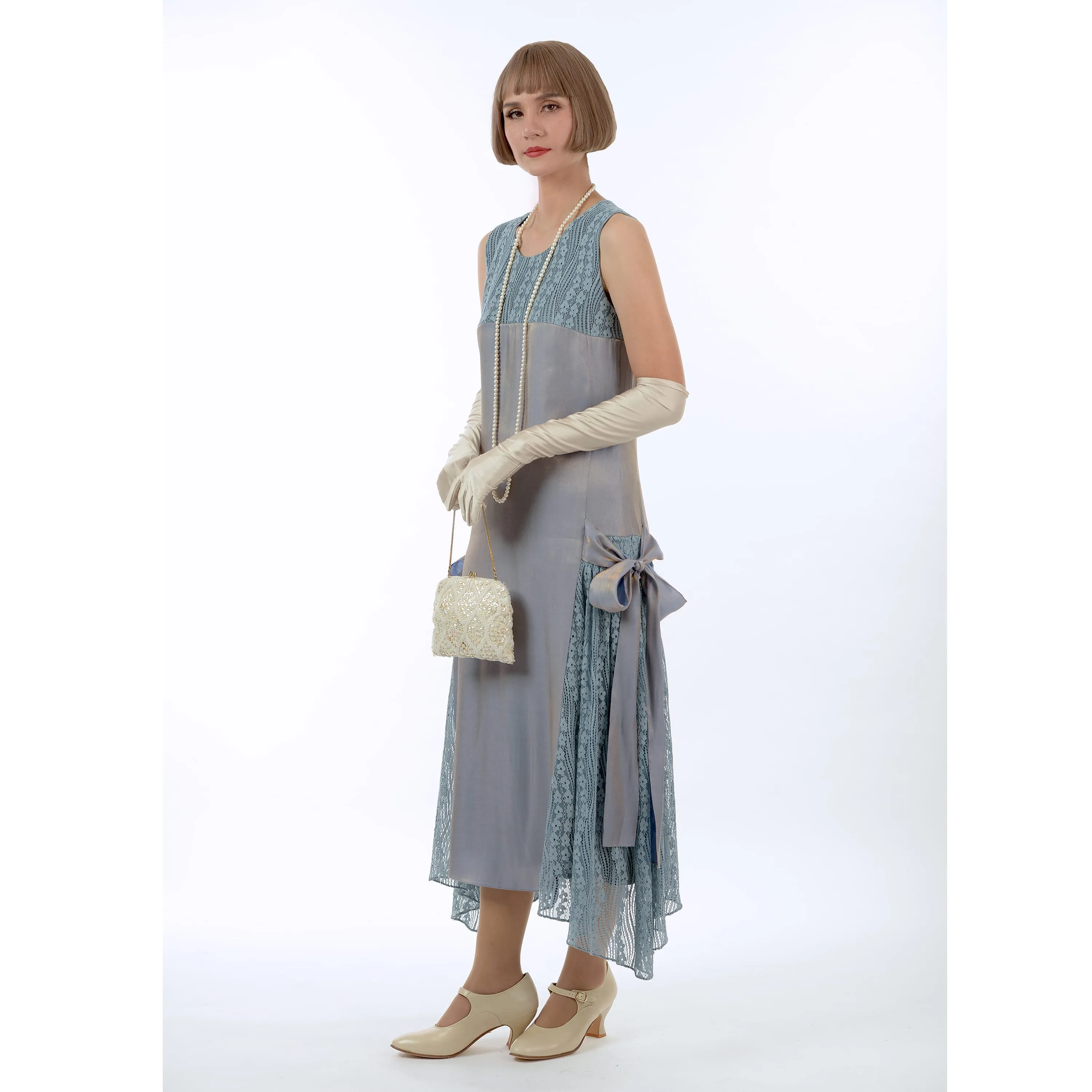 Formal Great Gatsby dress in metallic grey with lace details