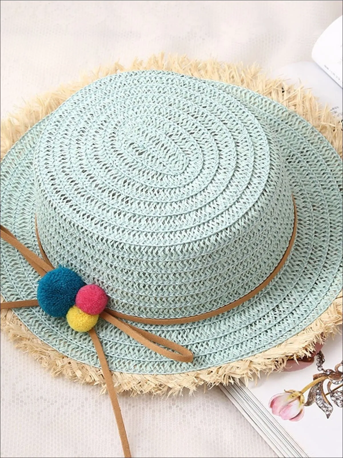 Girls Straw Hat with Leather Strap and Pom Poms