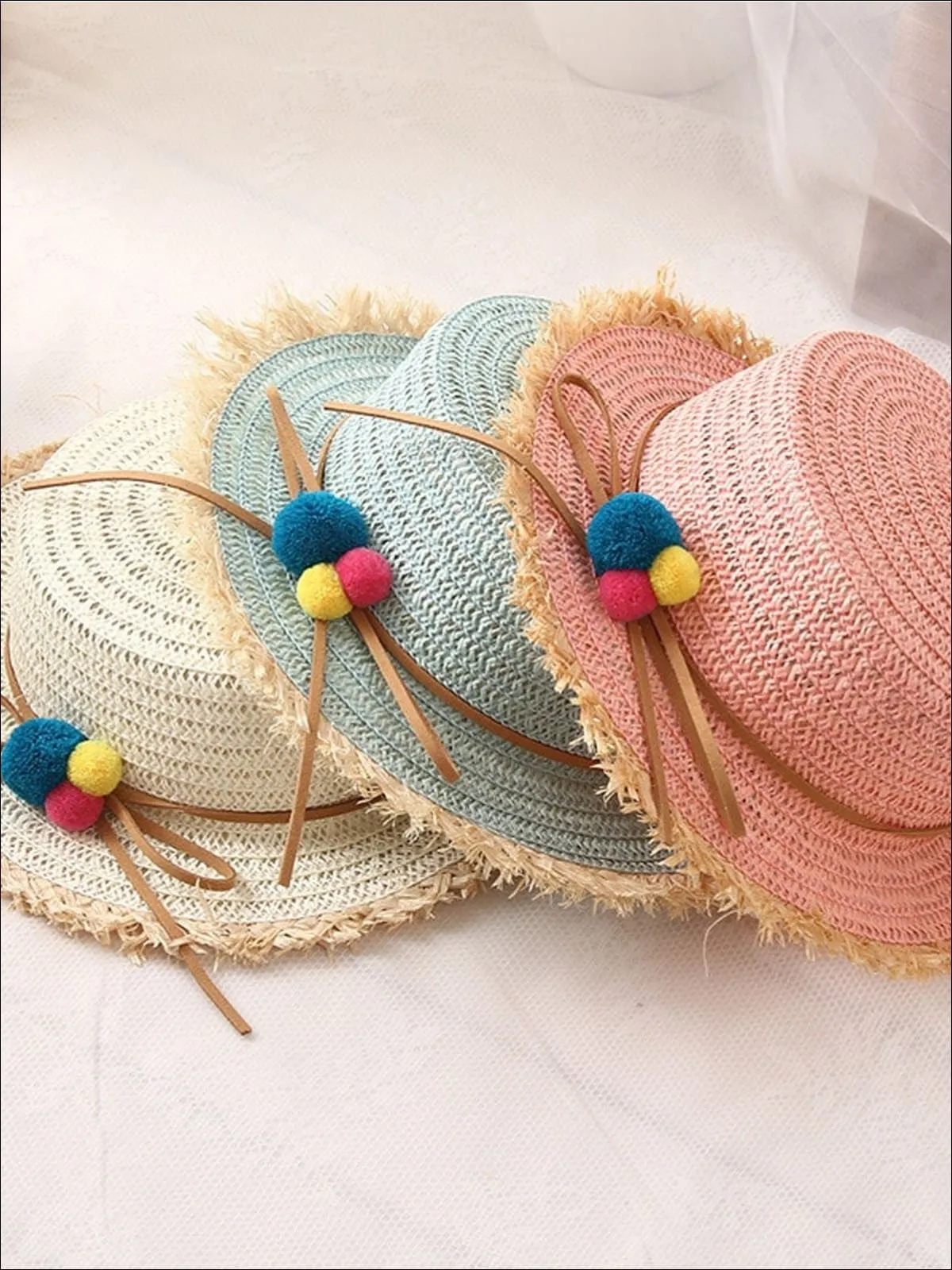 Girls Straw Hat with Leather Strap and Pom Poms