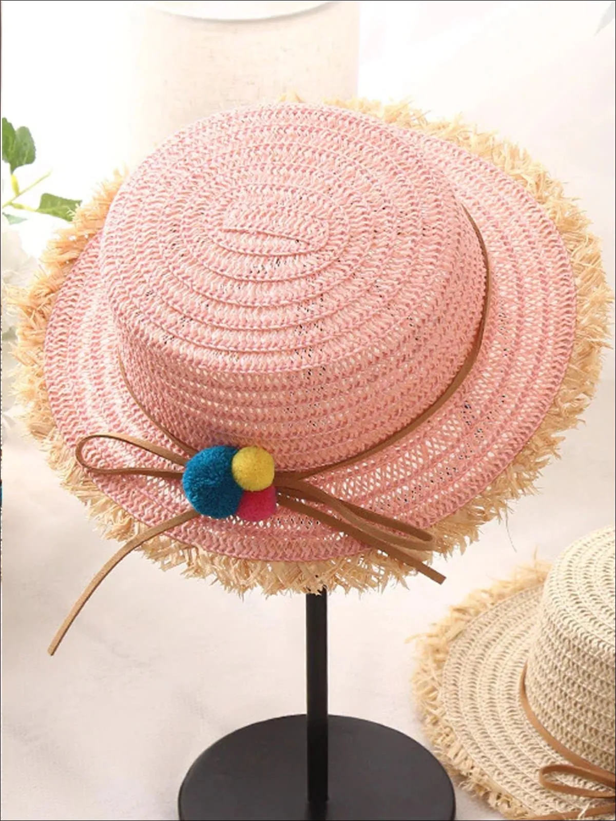 Girls Straw Hat with Leather Strap and Pom Poms