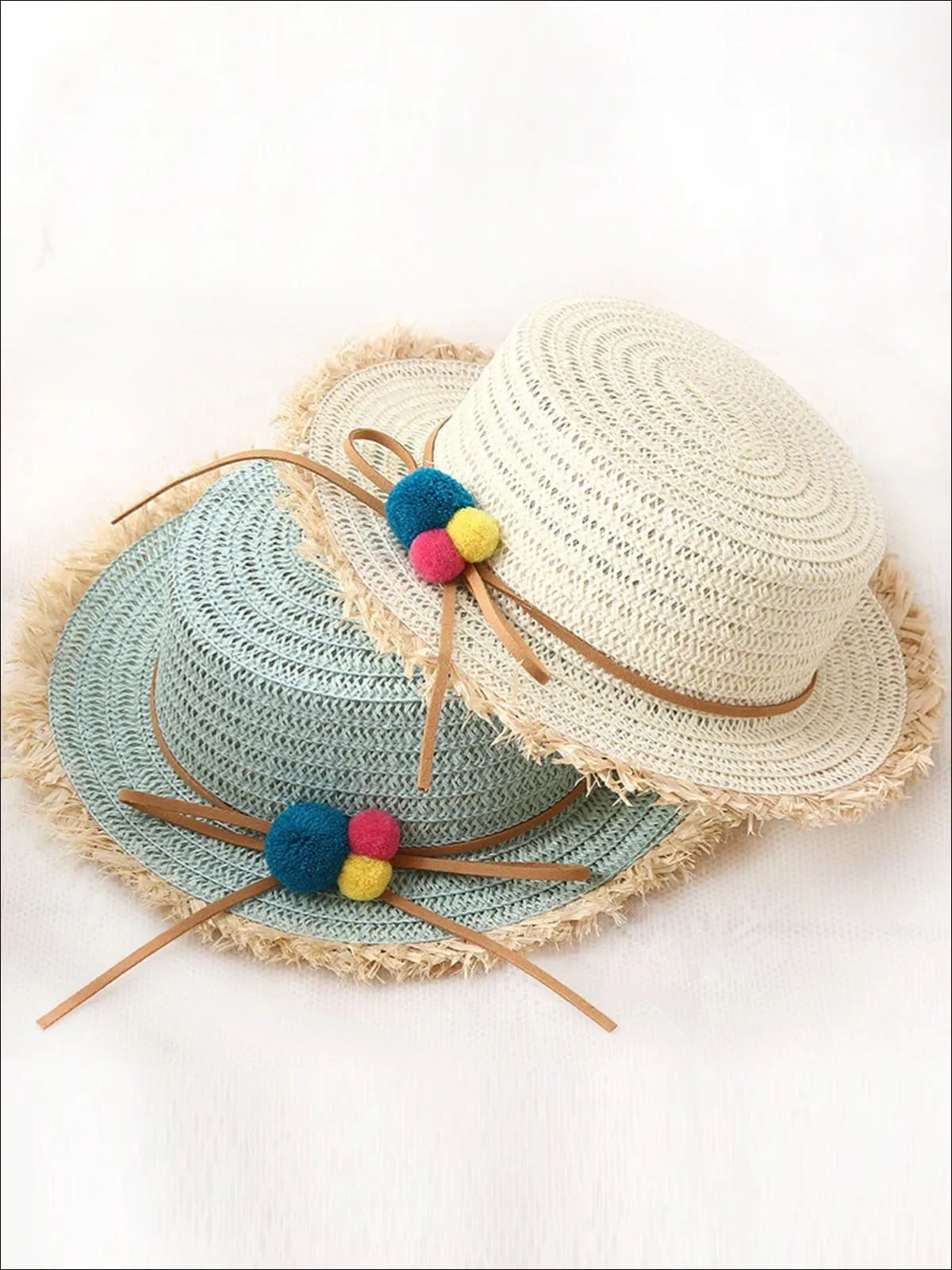 Girls Straw Hat with Leather Strap and Pom Poms