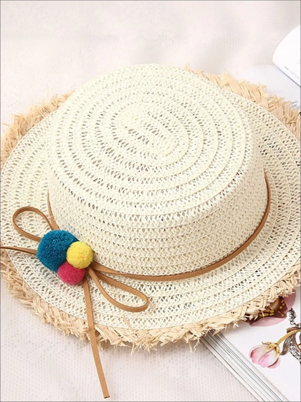 Girls Straw Hat with Leather Strap and Pom Poms