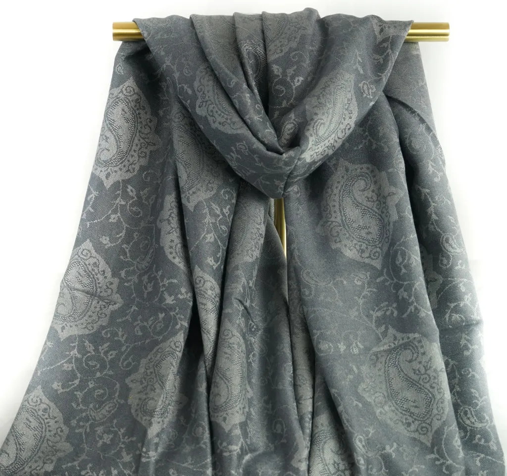 Gray Paisley Pashmina Scarf Bohemian Shawl