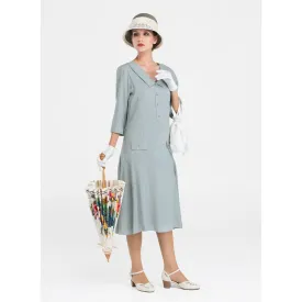 Grey 20s linen tea dress with small puritan collar and 3/4 sleeves