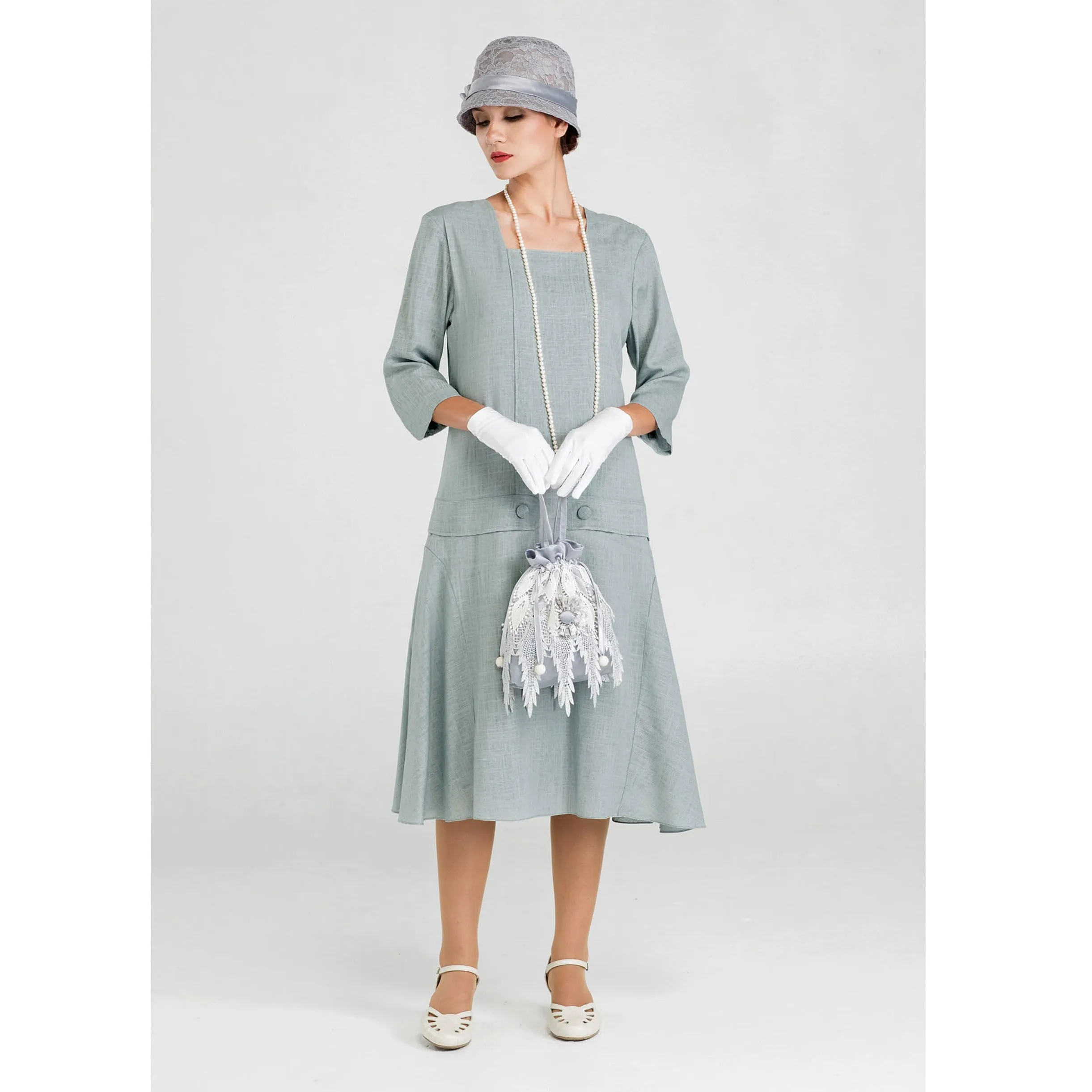 Grey Great Gatsby linen dress with square neck and 3/4 sleeves