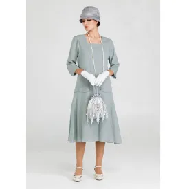 Grey Great Gatsby linen dress with square neck and 3/4 sleeves