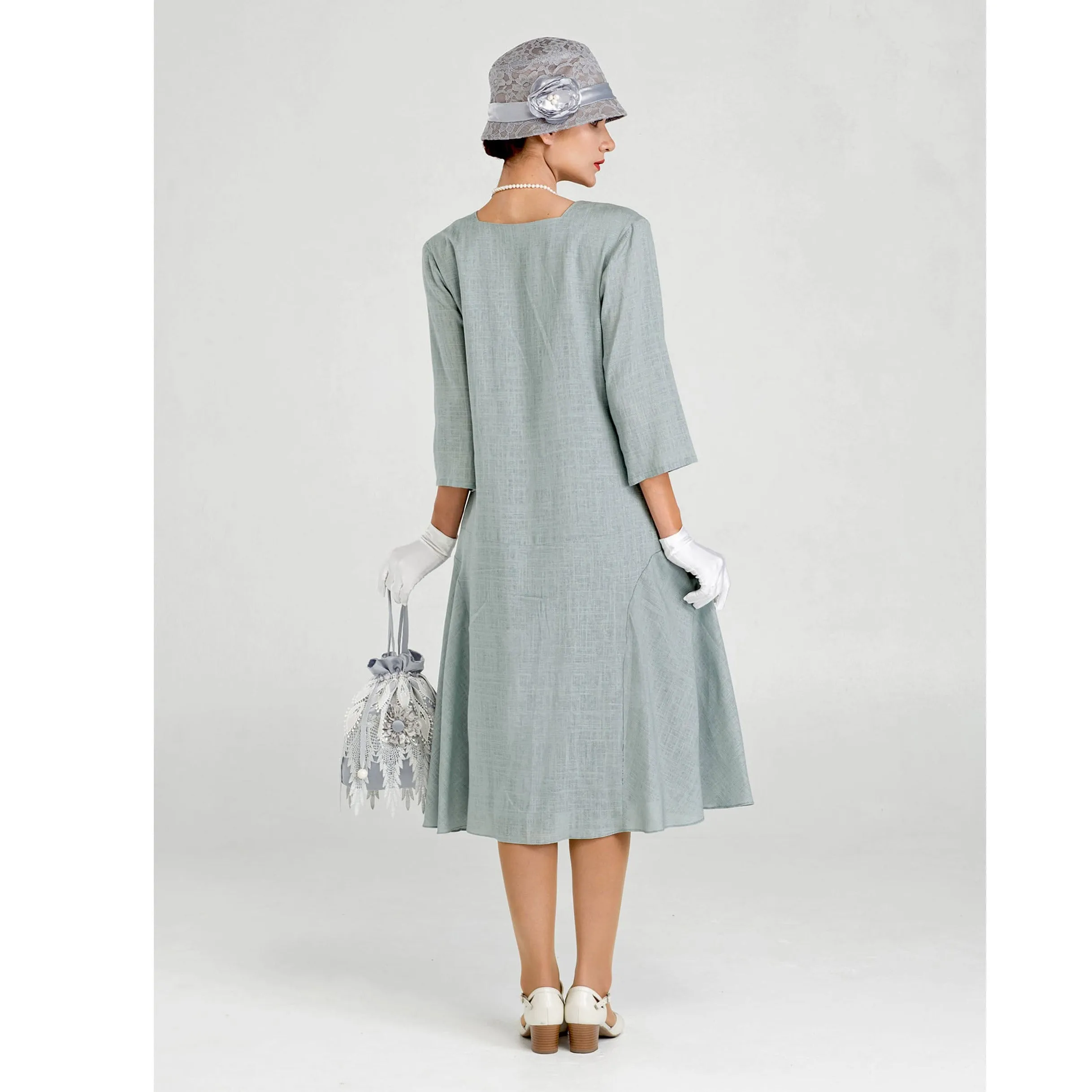 Grey Great Gatsby linen dress with square neck and 3/4 sleeves