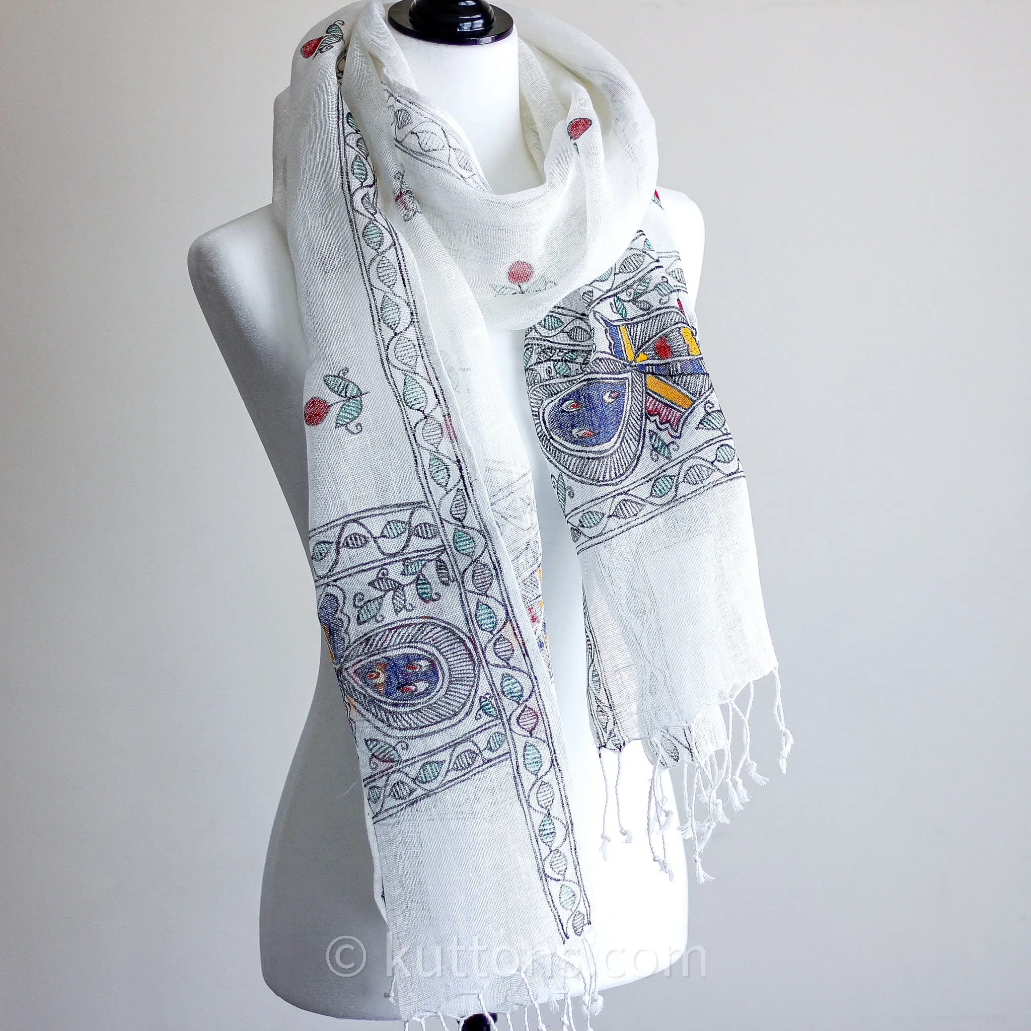 Hand-Painted, Handwoven Linen Wrap - Tribal Madhubani Painting | Long Tassels, White, 20x80"