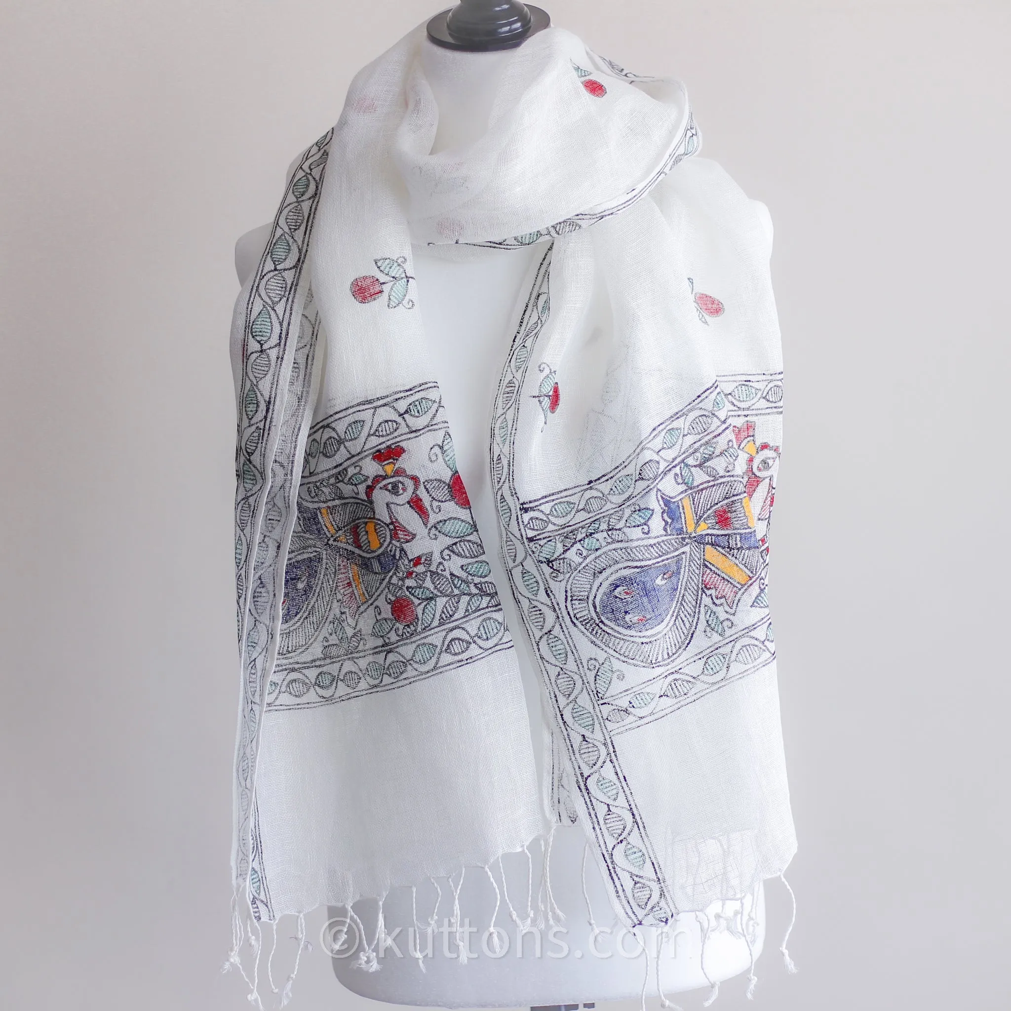 Hand-Painted, Handwoven Linen Wrap - Tribal Madhubani Painting | Long Tassels, White, 20x80"