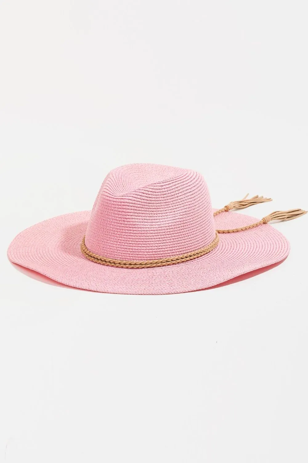 Hot Girl Fame Straw Braided Rope Accent Fedora Hat In Pink