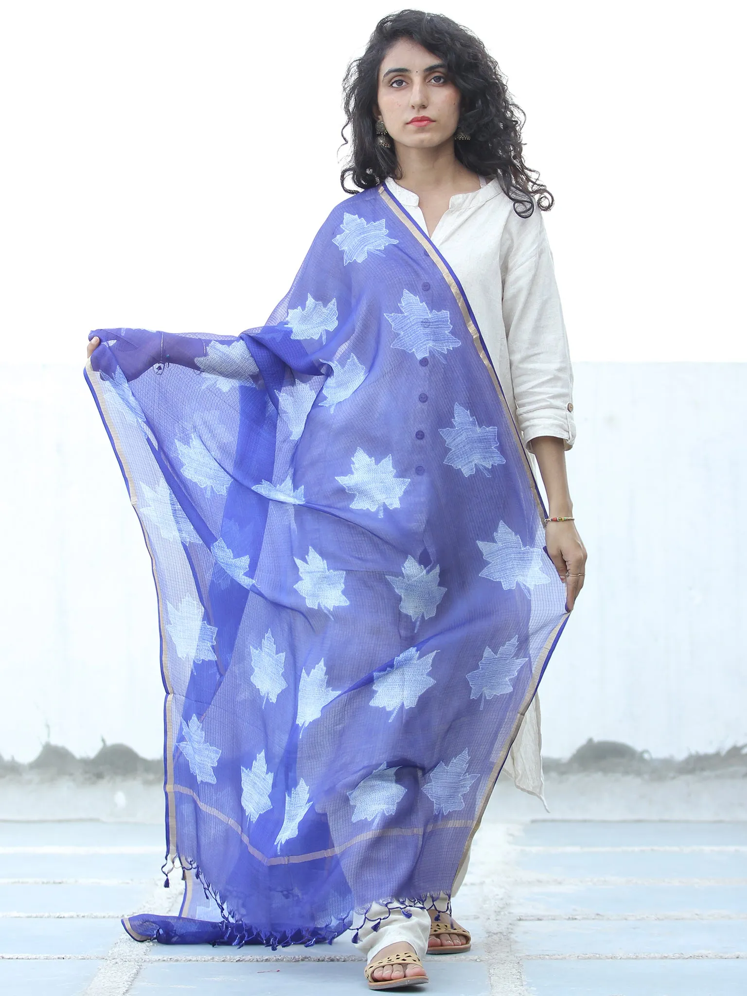 Indigo White Kota Silk Hand Block Printed Dupatta - D04170652