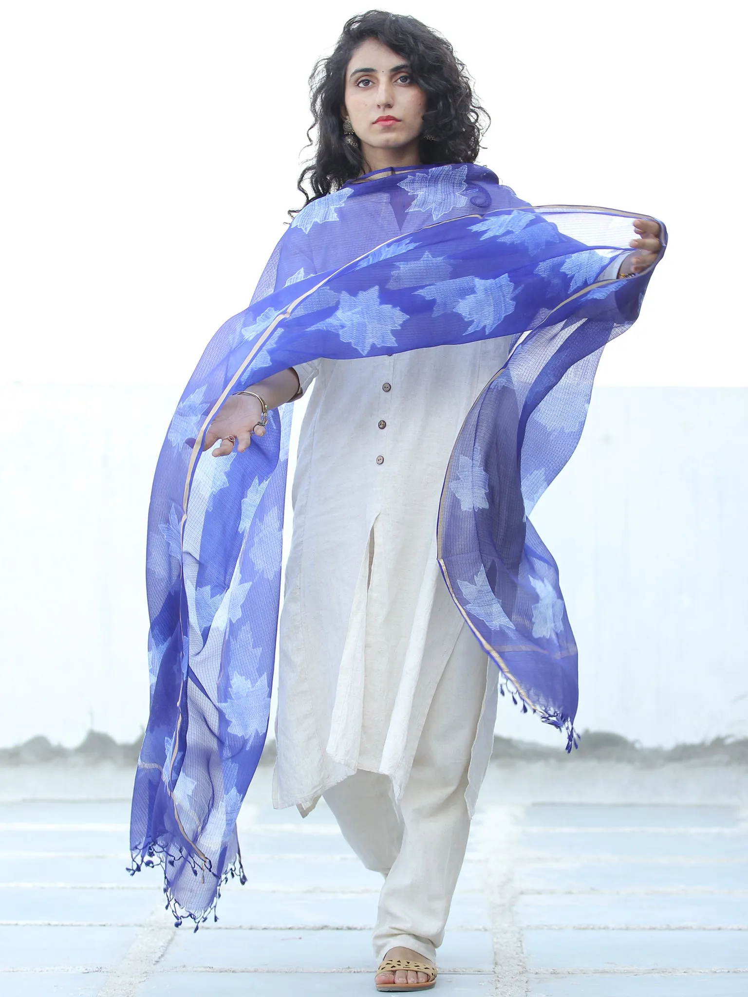 Indigo White Kota Silk Hand Block Printed Dupatta - D04170652