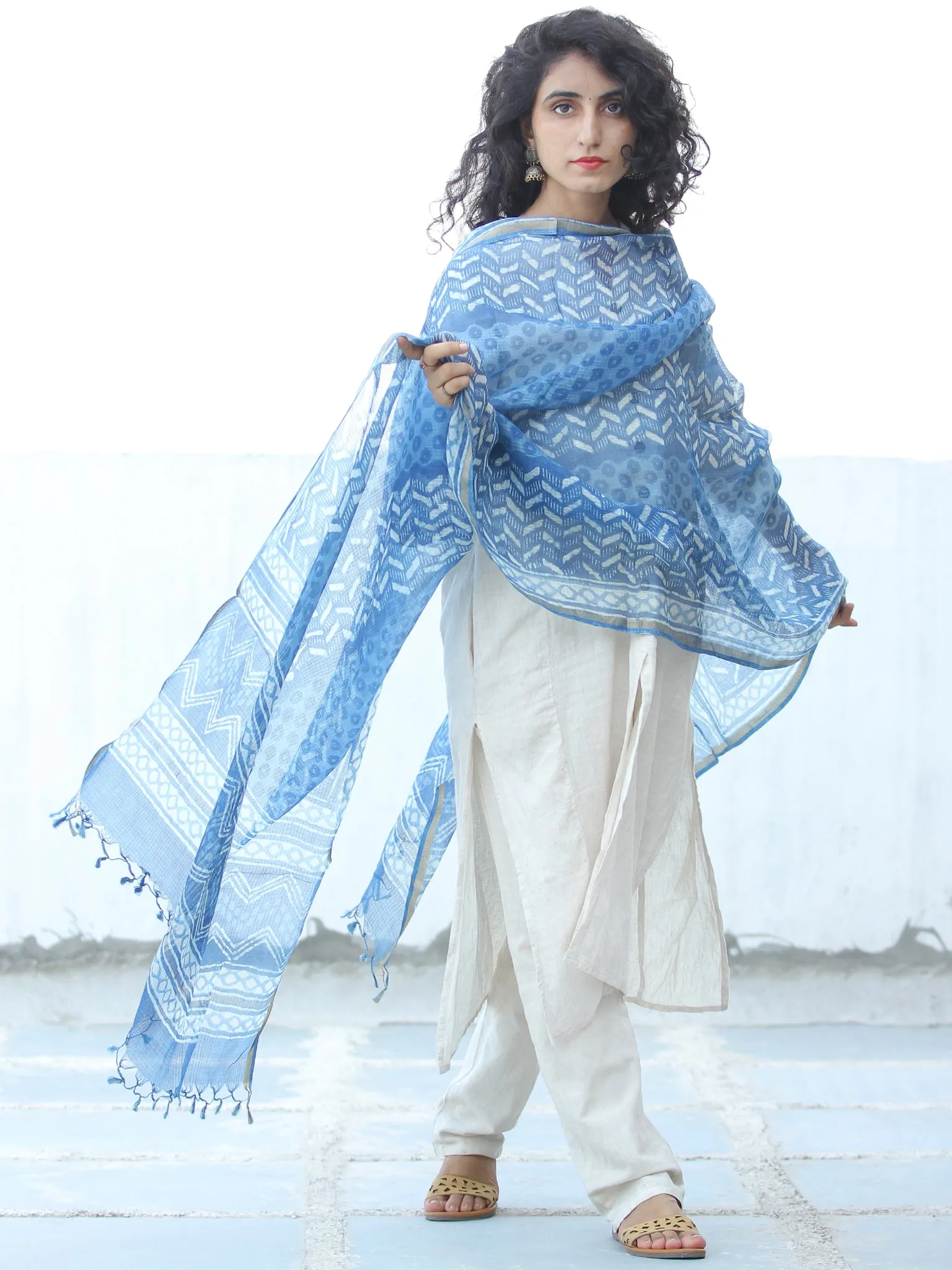 Indigo White Shibori Kota Silk Hand Block Printed Dupatta - D04170637