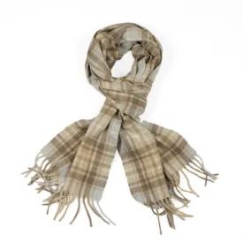 Large beige, brown & grey plaid lambswool & angora scarf