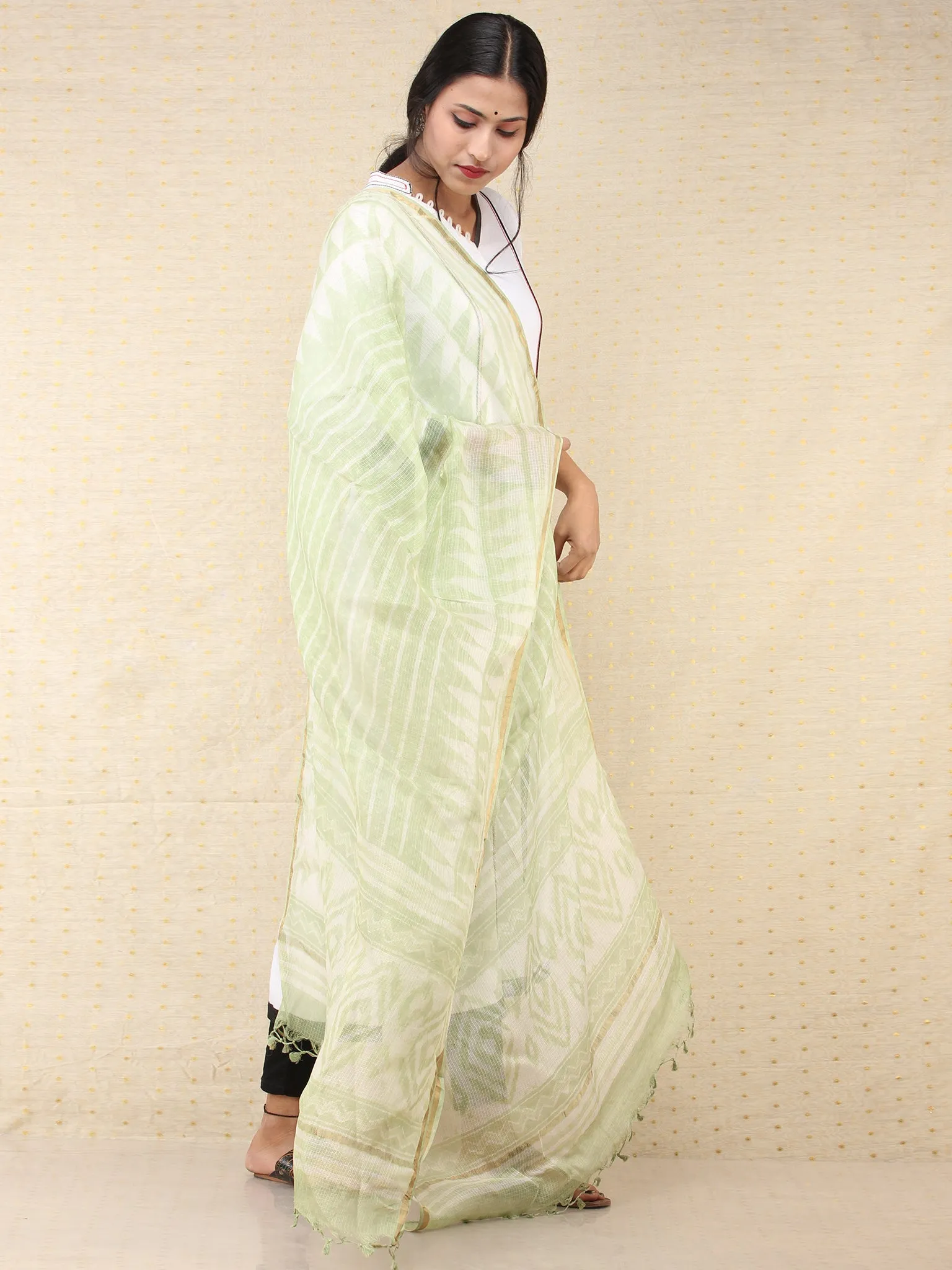 Light Green White Gold Kota Silk Hand Block Printed Dupatta - D04170712