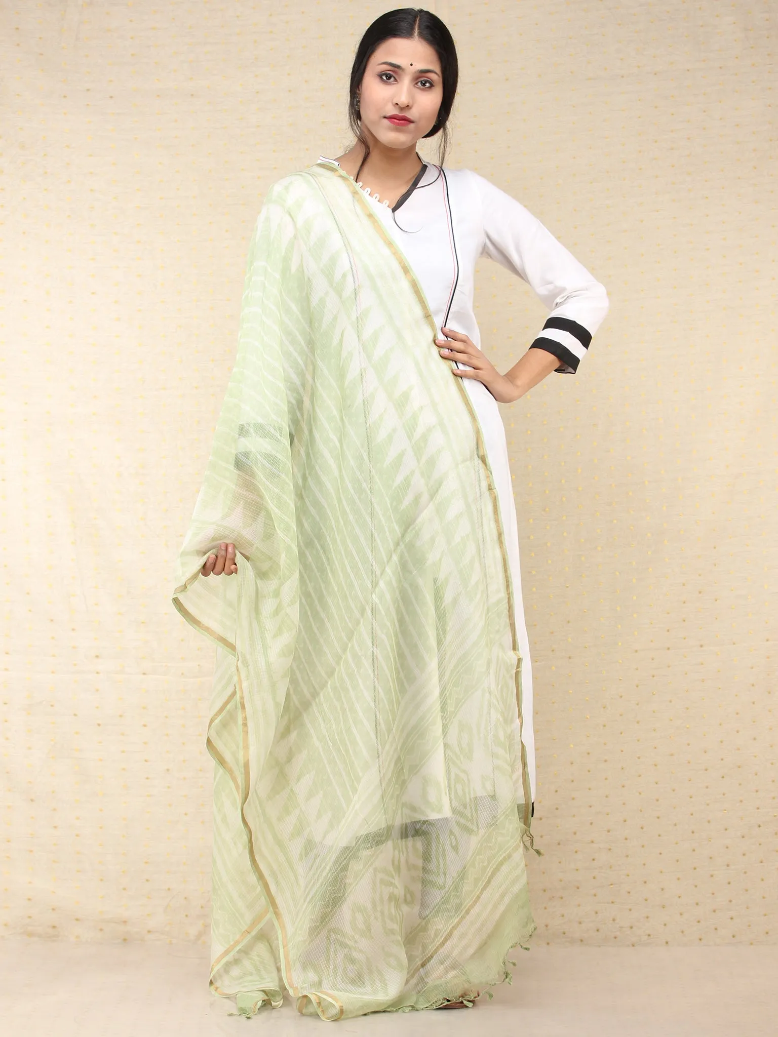 Light Green White Gold Kota Silk Hand Block Printed Dupatta - D04170712