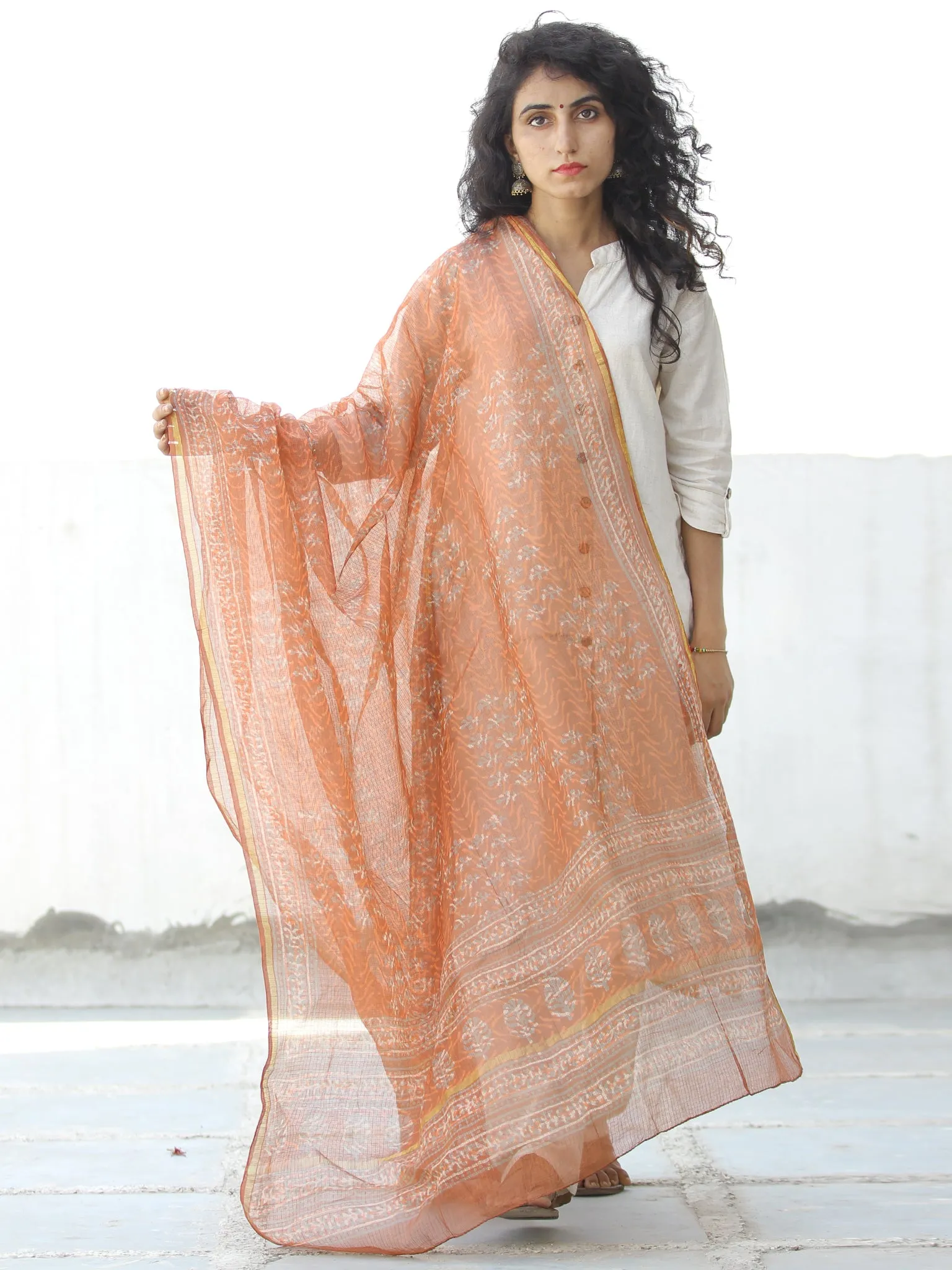 Light Orange Ivory Kota Silk Hand Block Printed Dupatta - D04170599