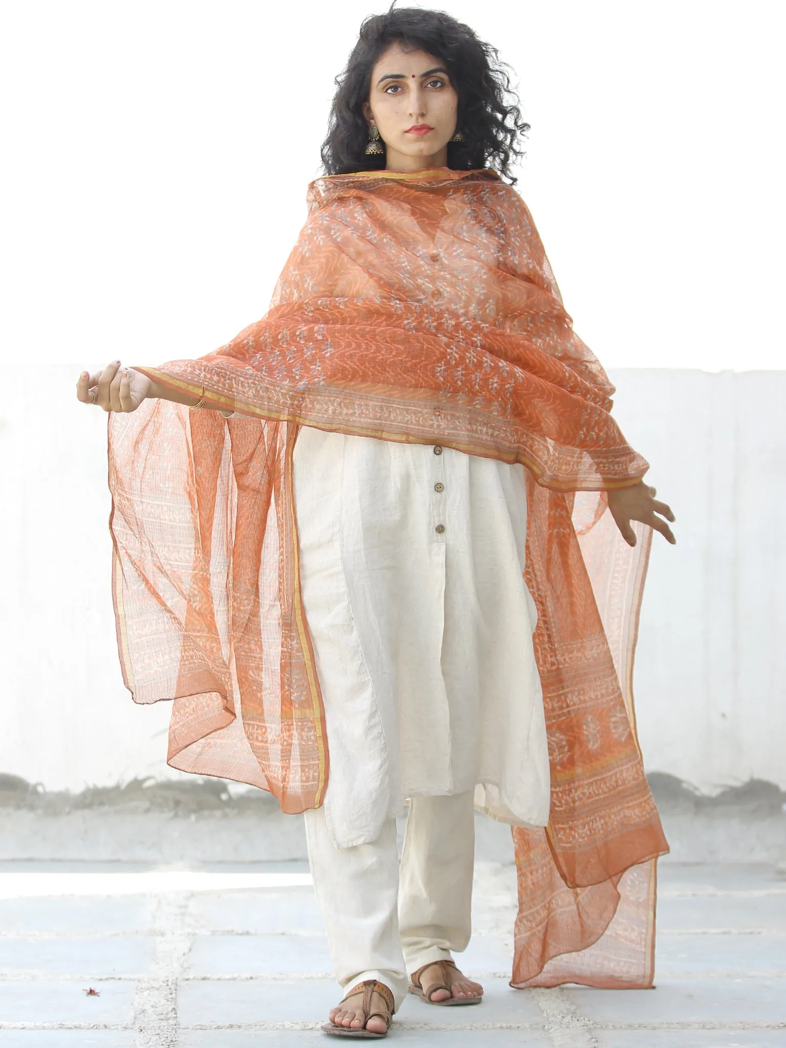 Light Orange Ivory Kota Silk Hand Block Printed Dupatta - D04170599